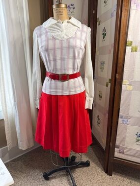 Vintage 1970s Handmade Plaid & Red Dress w Belt Polyester Fit Flare Shirtwaist